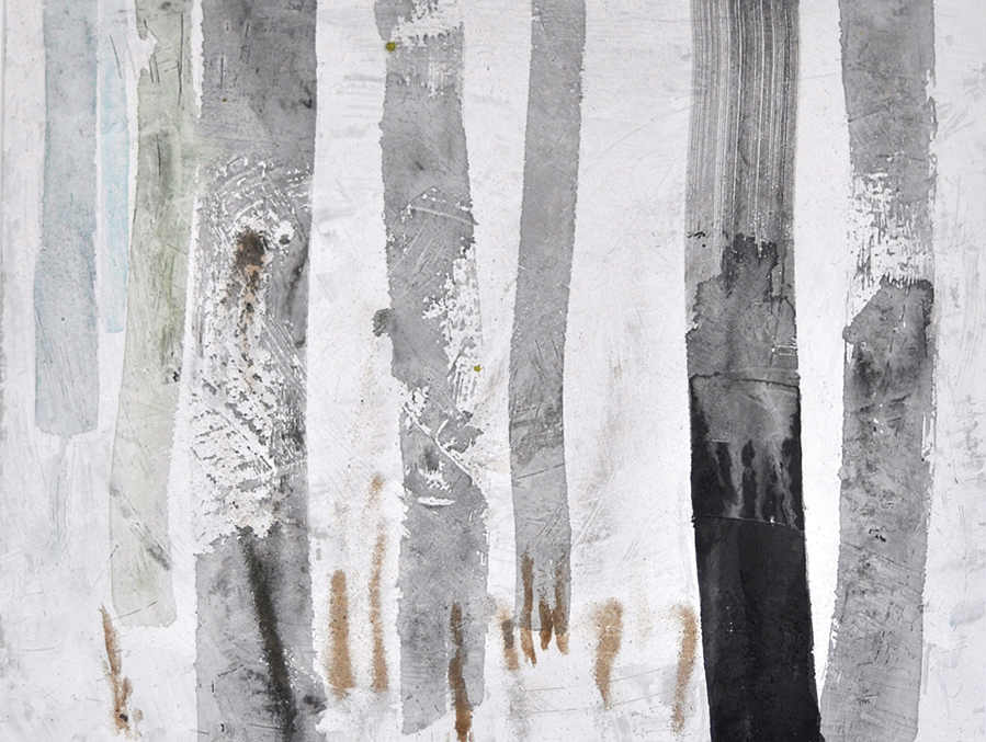 Lichter Wald | 2017 | Acrylfarbe / Tusche / Sand auf Gewebekarton | 50 x 64 cm